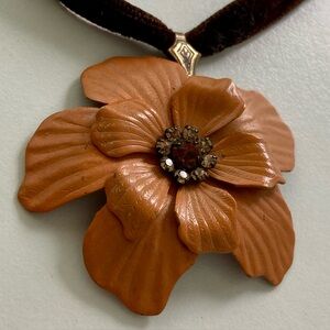 Clara Beau Metal And Leather Flower Necklace With Stones In Center
